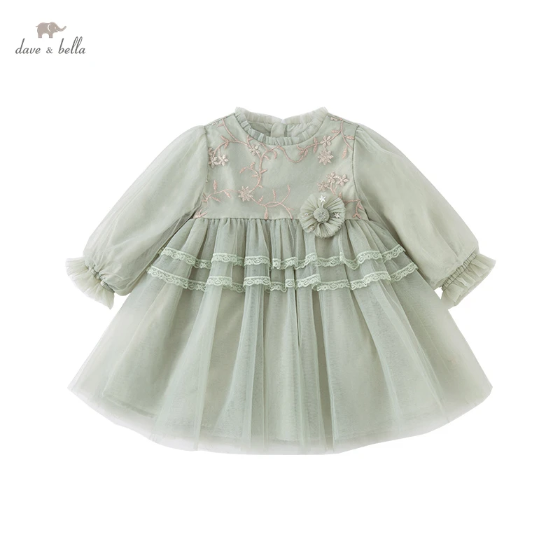 DB1220554 dave bella spring baby girls cute floral embroidery mesh dress fashion party dress kids girl infant lolita clothes