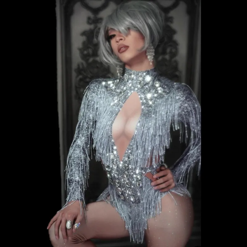 

Shining Silver Rhinestone Tassel Party Bodysuit Women Sexy Crystal Fringes Jumpsuit Nightclub Stretch Leotard Dancer Stage Wear