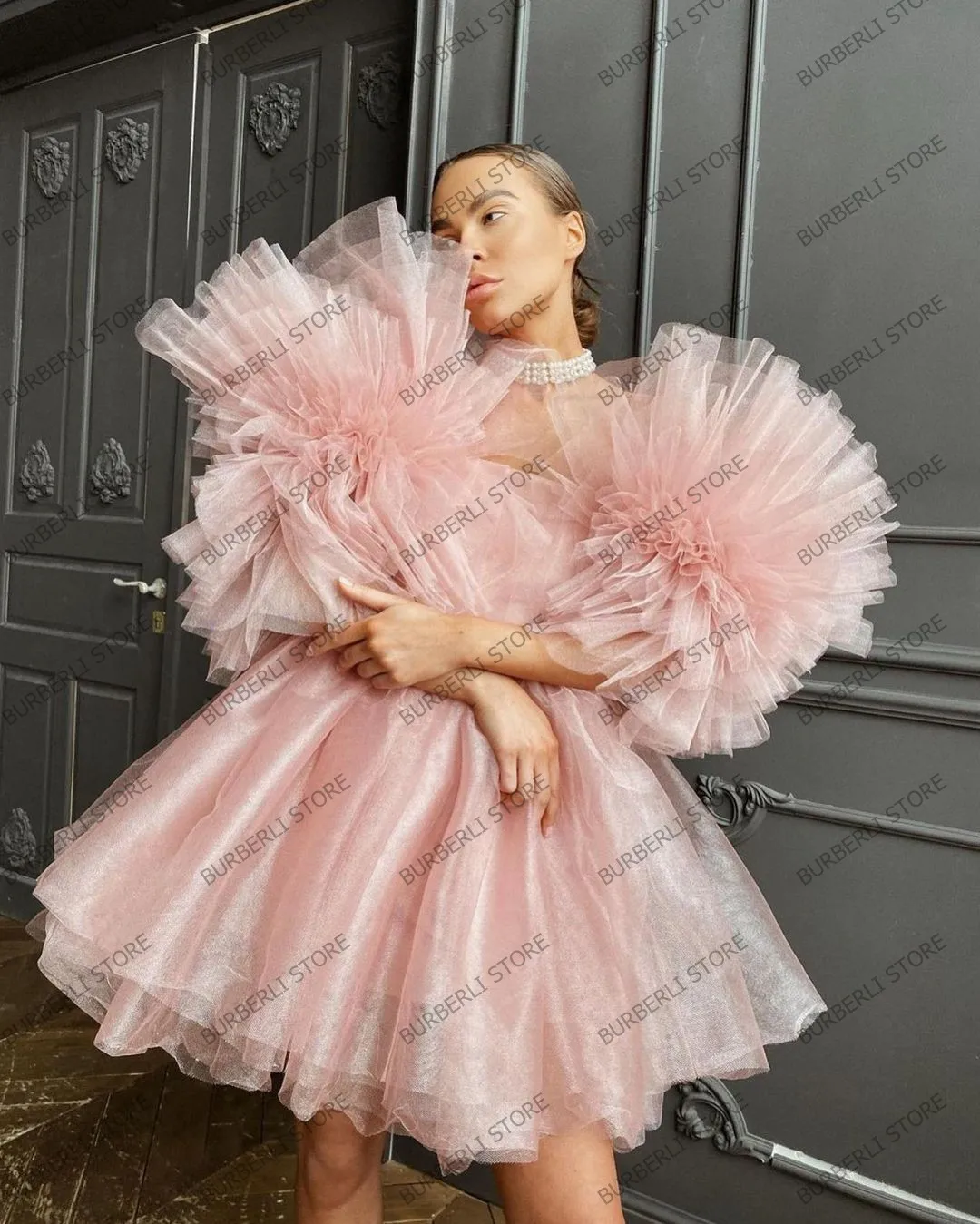 Nude Pink Puffy Mini Women Dresses Summer Ruffles Tiered Lush Sleeves Short Party Gowns Plus Size Custom Made Vestidos