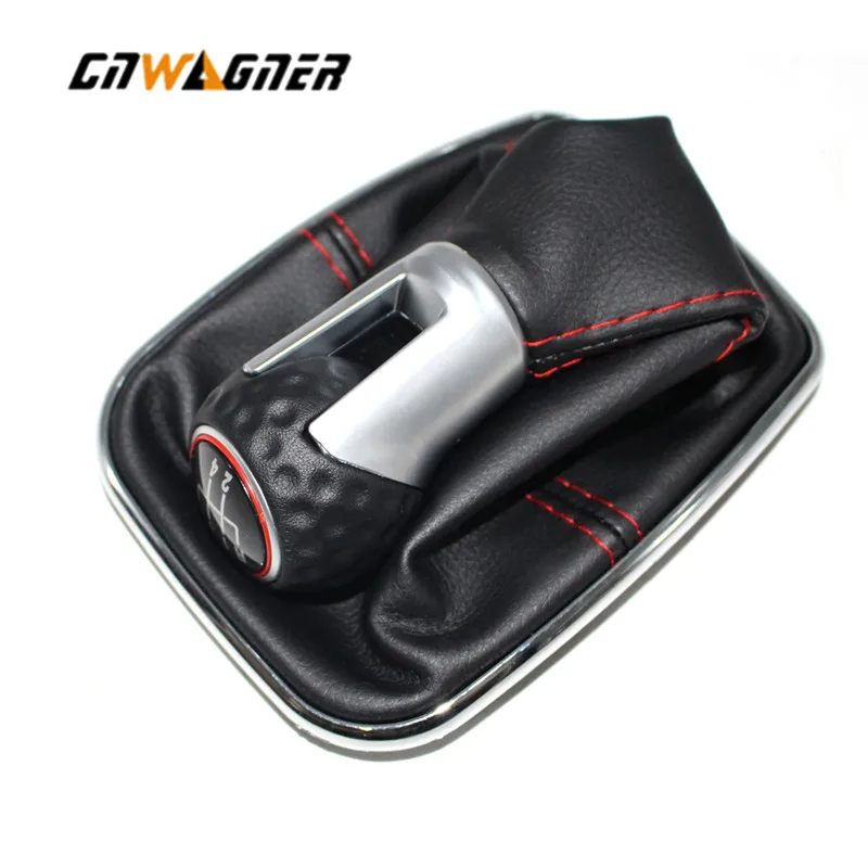 Para VW Bora MK4 Golf 4 Jetta 4 98-04 perilla de engranaje de coche con marco cromado cuero genuino hilo rojo tapa de anillo rojo 5 velocidades 12mm
