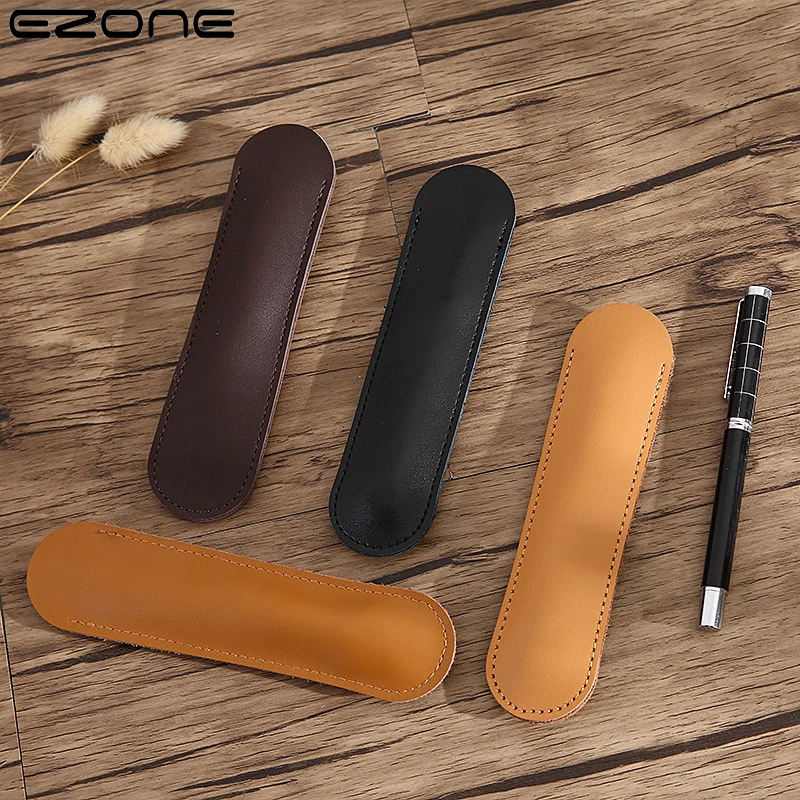 EZONE 1PC Pen Case Genuine Leather High Quality Solid Color Cute Kawaii Pen Pouch Holder Single Pencil Bag Pen Stationery Gift