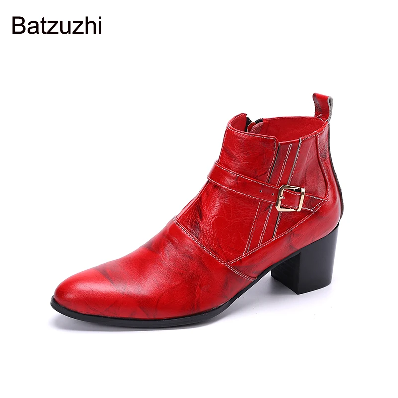 Batzuzhi British Type Fashion Boots Men Pointed Toe Genuine Ankle Boots 7.5cm High Heels Red Party & Wedding Botas Hombre, 38-46