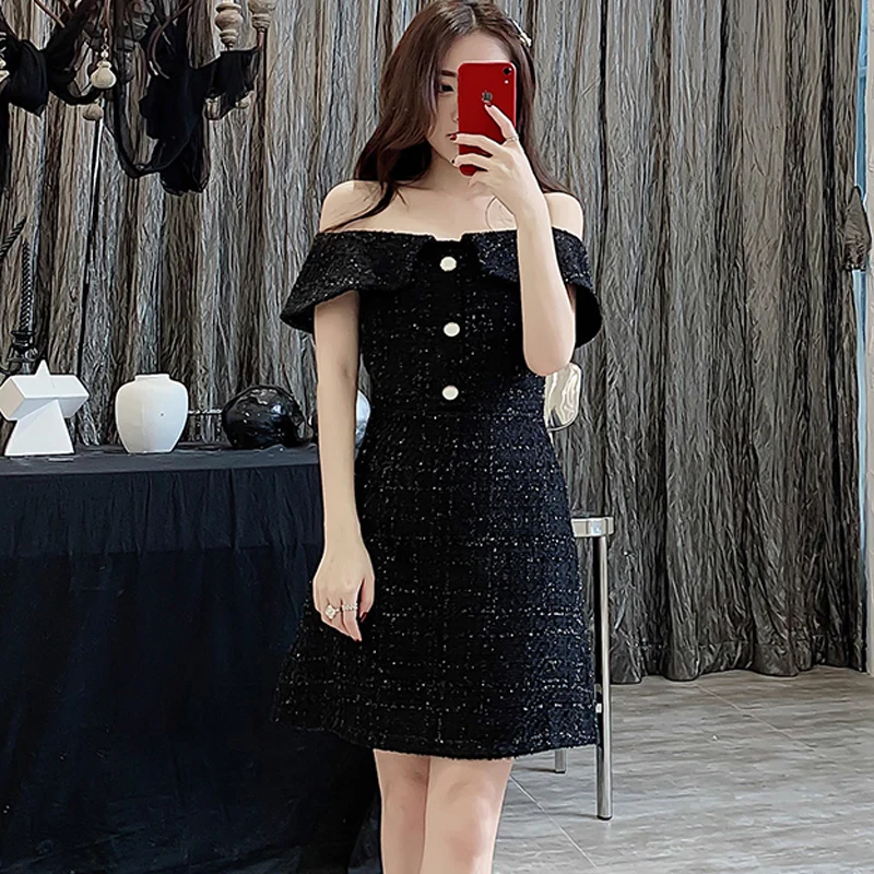 

Black tweed dress One-necked strapless sexy Short-sleeve 2020 spring / autumn women's dress ladies slim Retro one-piece dress