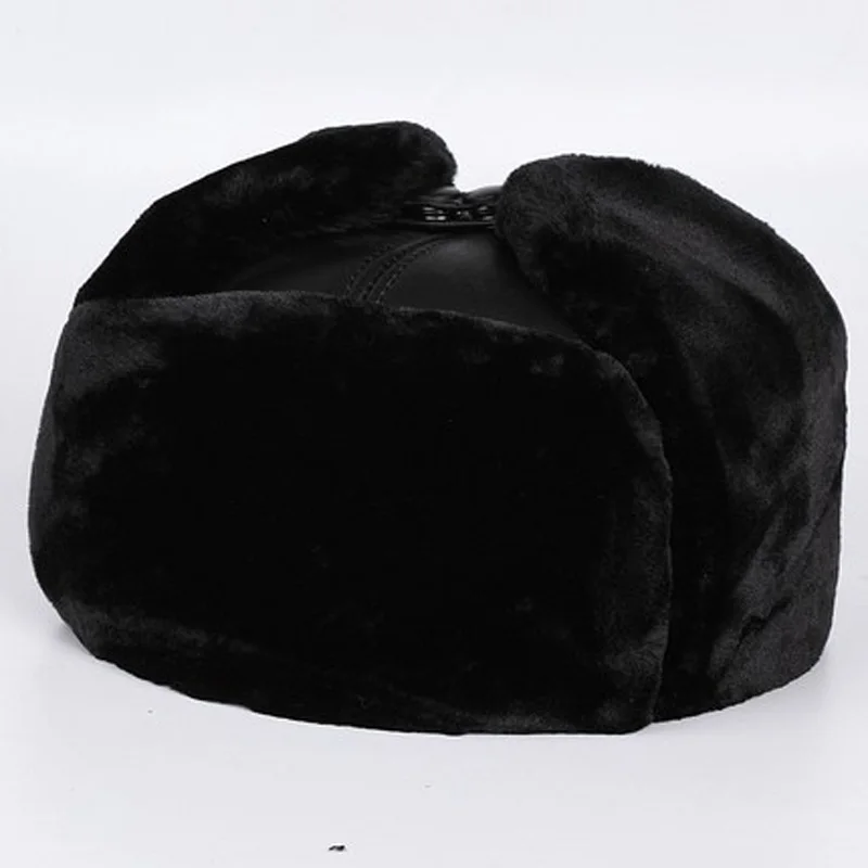 Big Tab Hat For Men Winter Male Genuine Leather Faux Fur Warm Bomber Caps Elderly Outdoor Cycling Windproof Snow Casquette