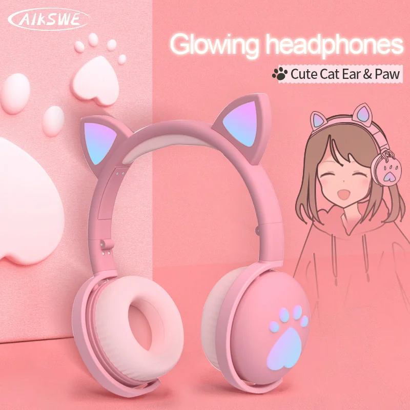 New Bluetooth Wireless HIFI Stereo Bass 3.5mm Plug glowing cute LED Cat Ear Paw With Mic Headphones For Girls Kids Gift