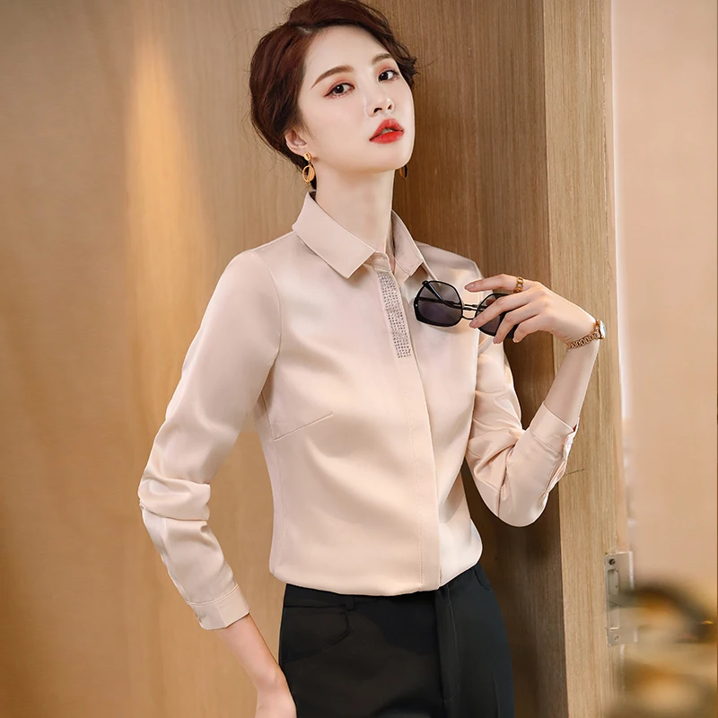 Navy Blue Shirt Women Fashion Temperament Autumn 2022 New Long Sleeve Chiffon Formal Blouses Office Ladies Work Tops