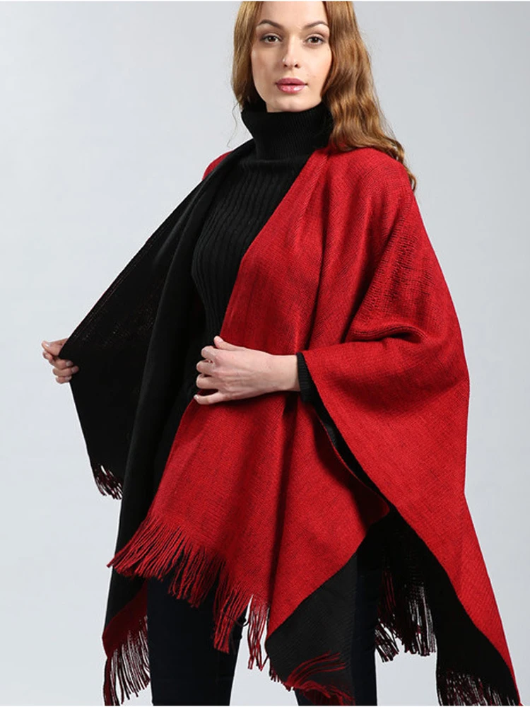 Oversize Deversible Cashmere Poncho for Women Poncho Capes Shawl Cardigans Sweater Coat Winter Q6-32E