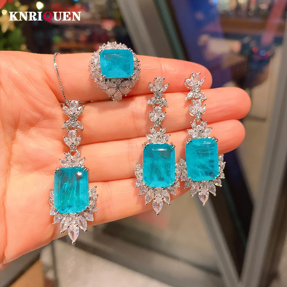 2022 New Arrival Paraiba Tourmaline Necklace Pendant Ring Earrings High Carbon Diamond Women's Luxury Wedding Party Fine Jewelry