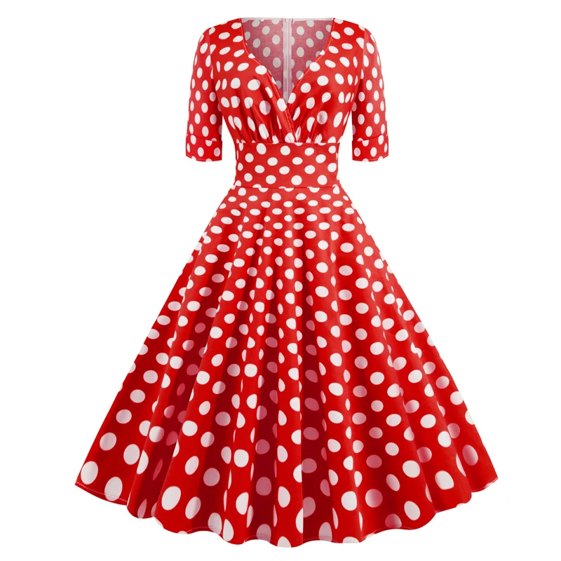 Imagem -03 - Polka Dot Impresso Verão Feminino Casual Vintage Vestido de Manga Curta v Pescoço a Linha Swing Pin up Rockabilly Sundress 50s 60s Roupas