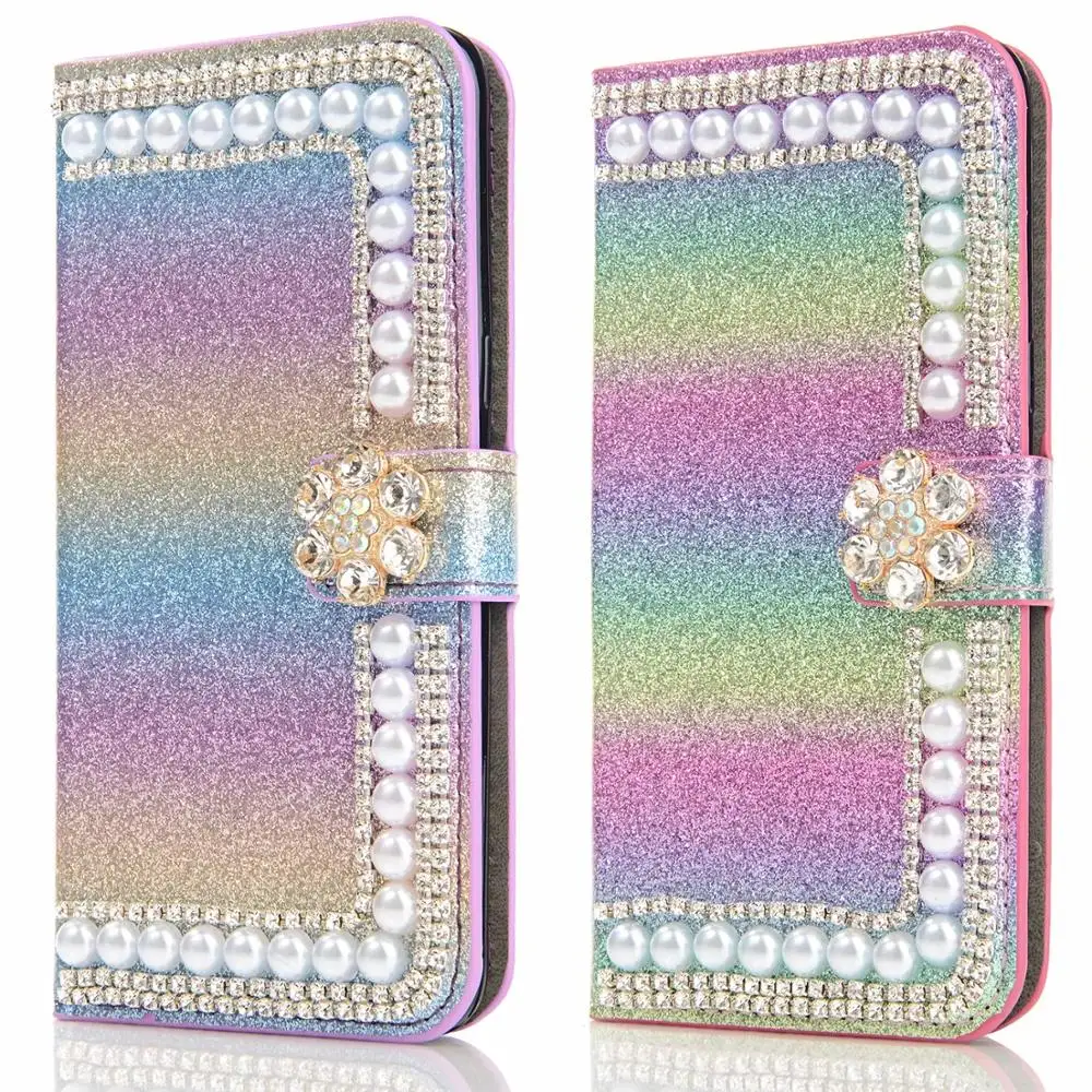 Diamond Pearl Flower Wallet Flip Glitter Leather Case Cover For Samsung Galaxy Note 20 10 S24 S23 S22 S21 S20 Ultra S10E Plus