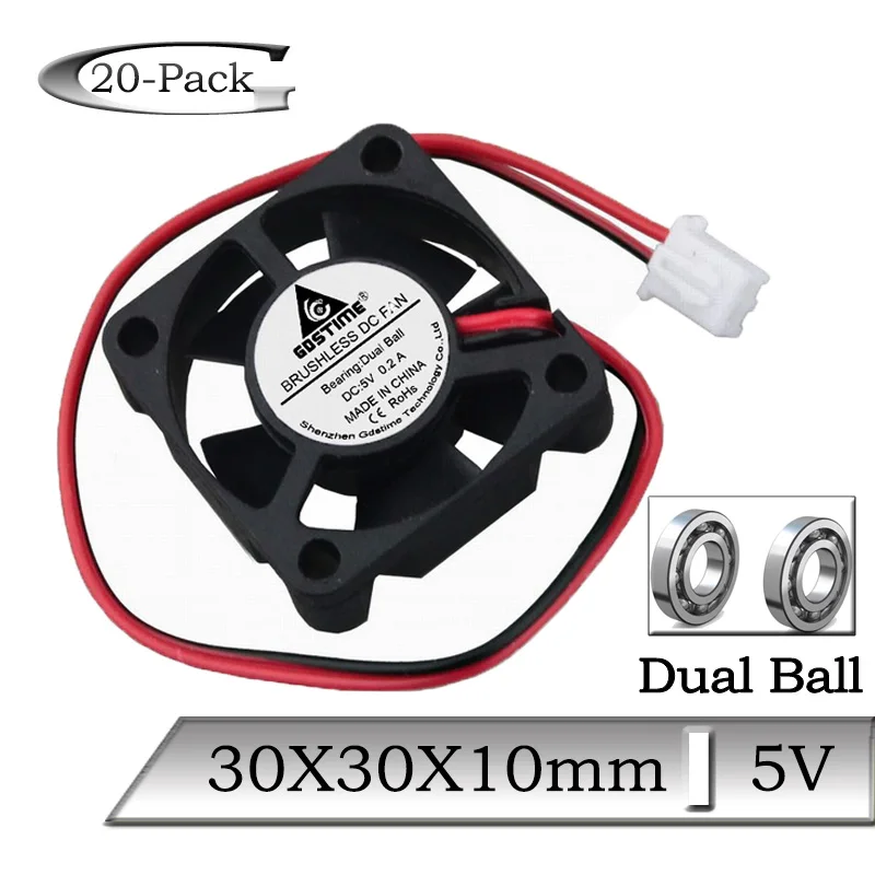 

20Pcs/Lot Gdstime DC 5V 30mmx10mm 30mm Brushless Axial Dual Ball Heatsink Cooling Fan 3010B 3cm 3D Printer Mini Cooler Fan