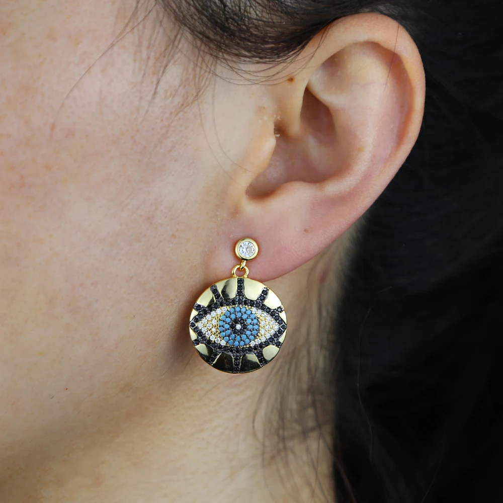 Lucky Luxury Turkish Evil Eye Jewelry Geometric Round Coin Charm Paved 5A CZ Nano Turquoises Stone Women Drop Earring