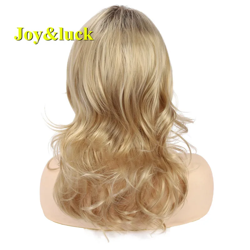 Joy&luck Medium Length Blonde Wave Wig Synthetic Wigs for Women Ombre Brown Wigs Blond Hair Full Wig With Bangs Daily Hair Wig