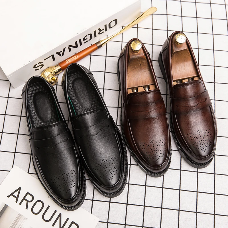 Retro Men Dress Shoes Brogue Style Party Leather Formal Shoes Wedding Shoes Men Flats Leather Oxfords Slip on Fashion Loafers 46