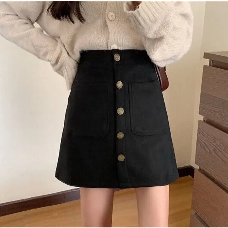 2023 New Spring Autumn Deerskin Velvet Short Skirts Women Clothes High-Waist Ladies Pockets Black Bag Hip A-Line Skirts  aq086