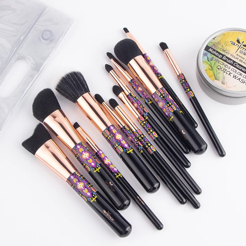 Anmor New 12 PCS Make Up Brushes Soft Synthetic Make up Brushe Set Foundation Set Eyeshadow PU Cosmetic Bag Pinceaux Maquillage