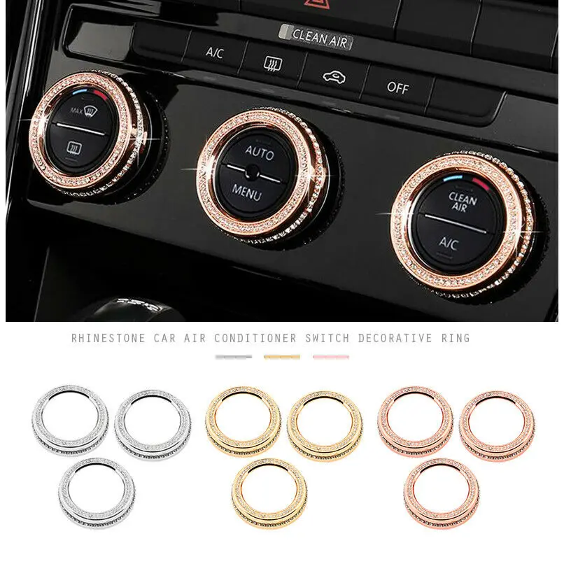 3Pcs/Set Bling Diamond Air Climate Control Knob Ring Cover Decal Trim For Volkswagen VW Golf Jetta CC