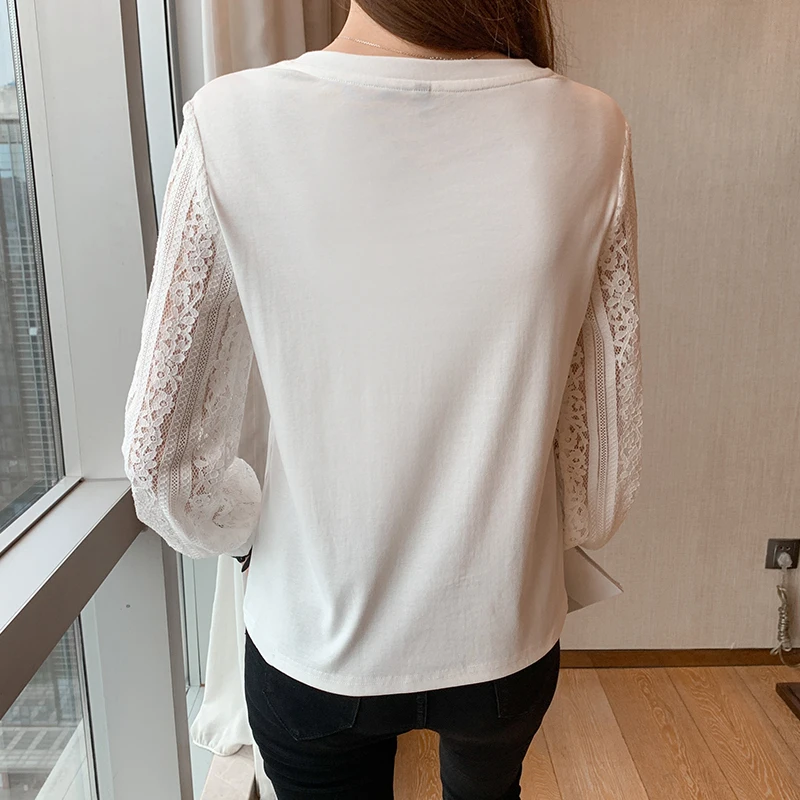 Fashion elegant Women\'s lace Tshirt Casual Tops printing T Shirt Basic bottoming shirts Ladies o-neck Long Sleeve Tee Shirt