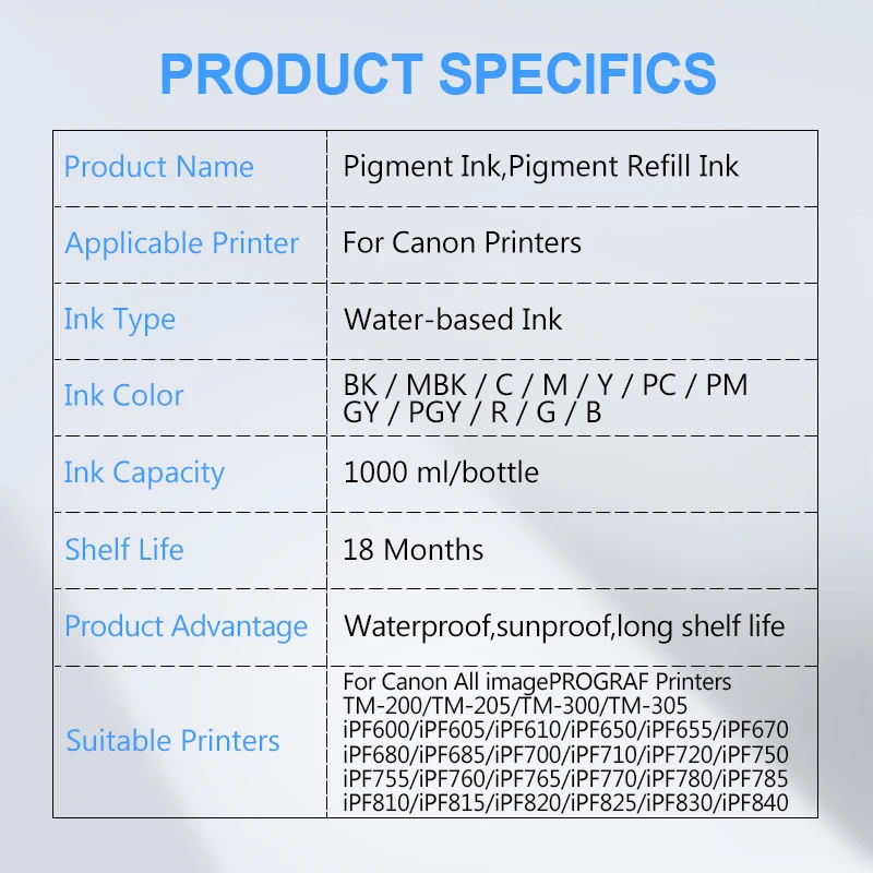 1000ML Pigment Ink For Canon PFI 107 120 320 102 104 701 703 704 706 707 710 206 106 306 Cartridge TM-200 205 300 305 Printer