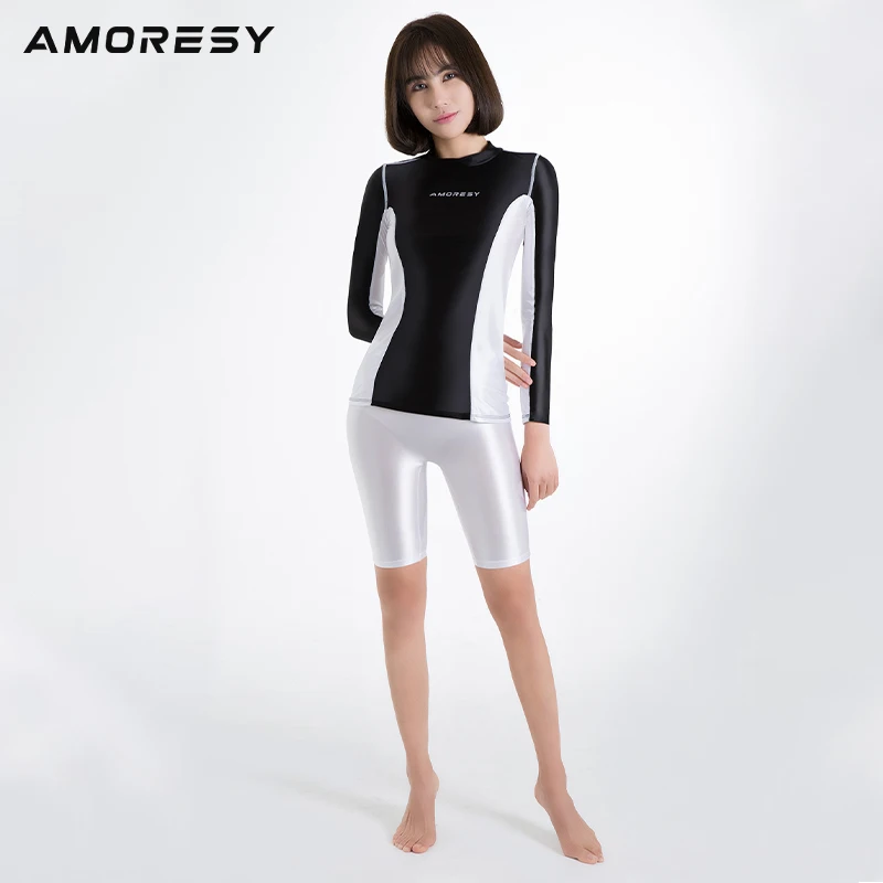 AMORESY – maillot de bain sexy en forme de compétition, haut de surf, manches longues, brillant, couleurs assorties