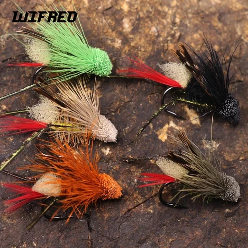 Wifreo 6PCS # 6 trucha pesca con mosca anzuelo cebo insecto señuelo pesca moscas ciervo pelo saltamontes mosca seca Dave's Hopper cebos