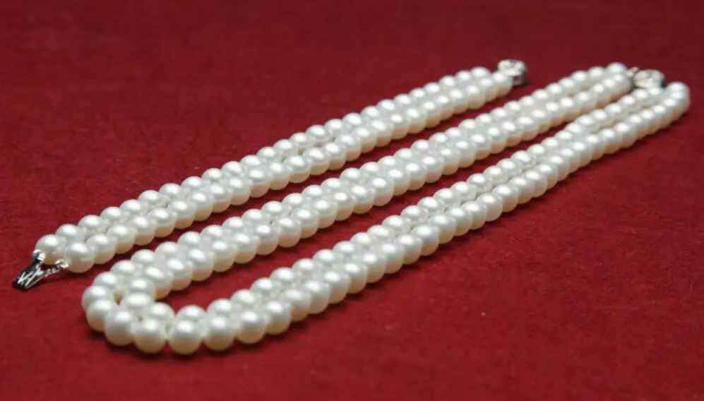 

2 row AAA 8-9mm freshwater cultured white round genuine pearl necklace 18"bracelet 8" set