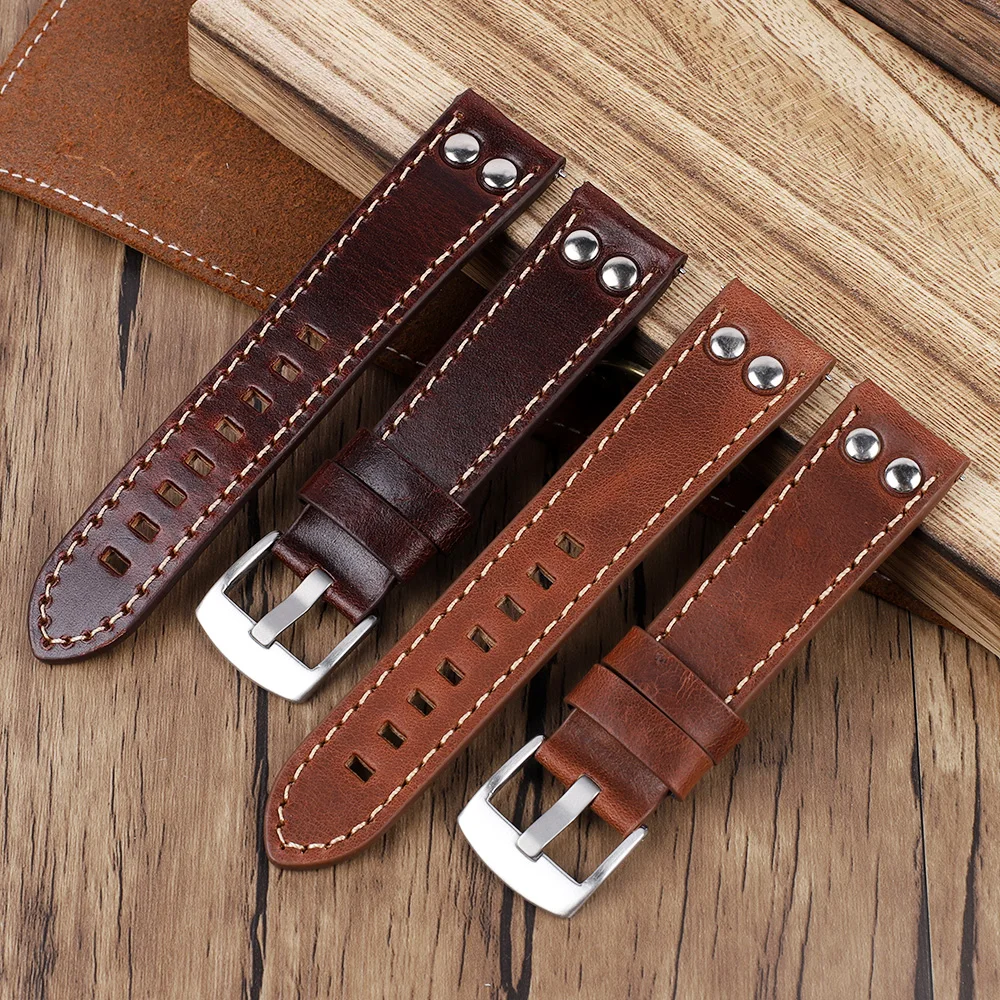 Double Row Hole Leather Straps 20mm 22mm High Quality Genuine Leather Rivets Watchband Men Replacement Watch Strap Bracelet