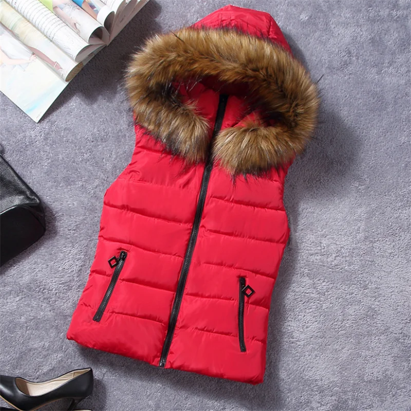 Women Autumn Winter Vest Hooded Fur Collar Sleeveless Zipper Pocket Casual Waistcoat Slim Waist Plus Size Big