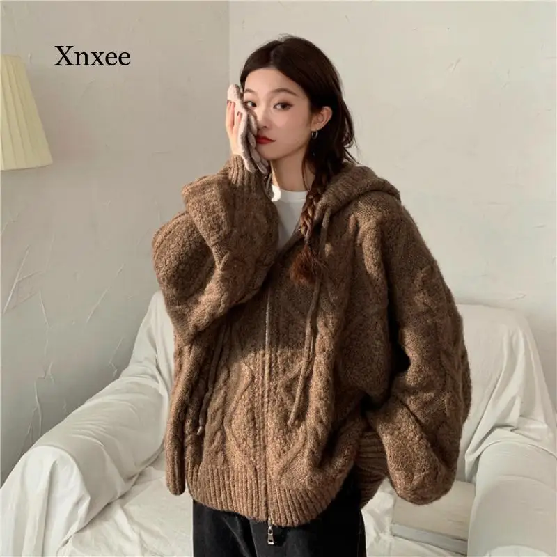 

2021 Women's Fall Winter Oversized Knit Cardigan Casual Hooded Twisted Sweater Zipper Long Sleeve Crochet Jacket