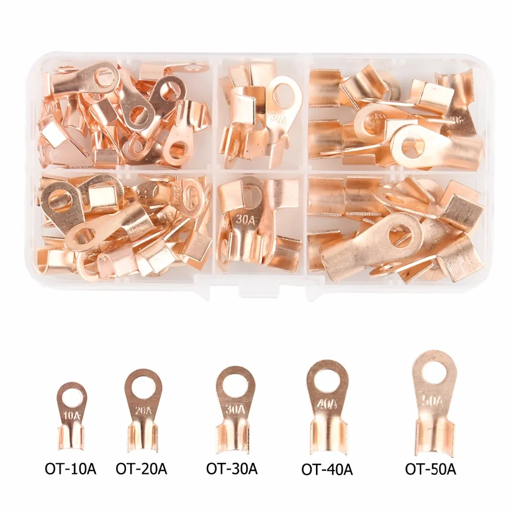 70PCS Battery Cable Copper Open Barrel Ring Lug Terminals Connectors Assortment Kit Wire Crimp Connector OT 10A 20A 30A 40A 50A