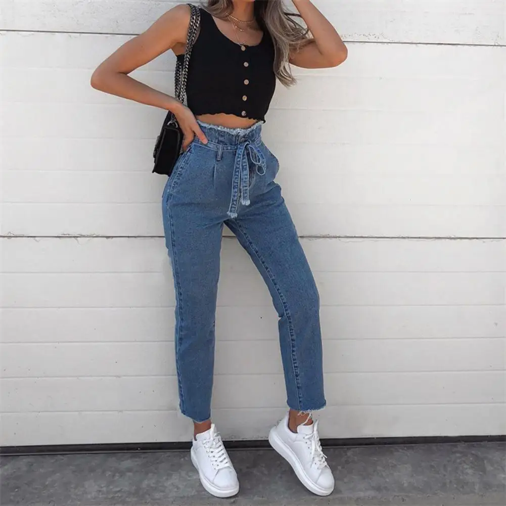 

2021 new jeans tight-fitting high-waisted fringe fashionable and comfortable with cotton lace-up women's high-waisted pants work