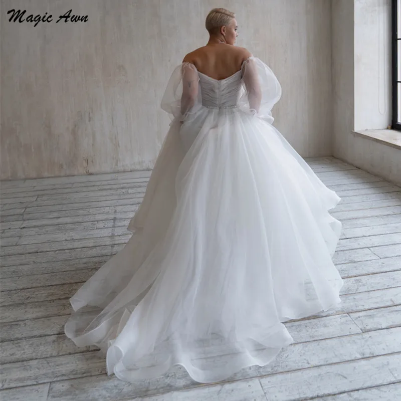 Magic Awn Plus Size Off The Shoulder abiti da sposa maniche lunghe perline Sash Organza Boho abiti da festa di nozze abiti semplici