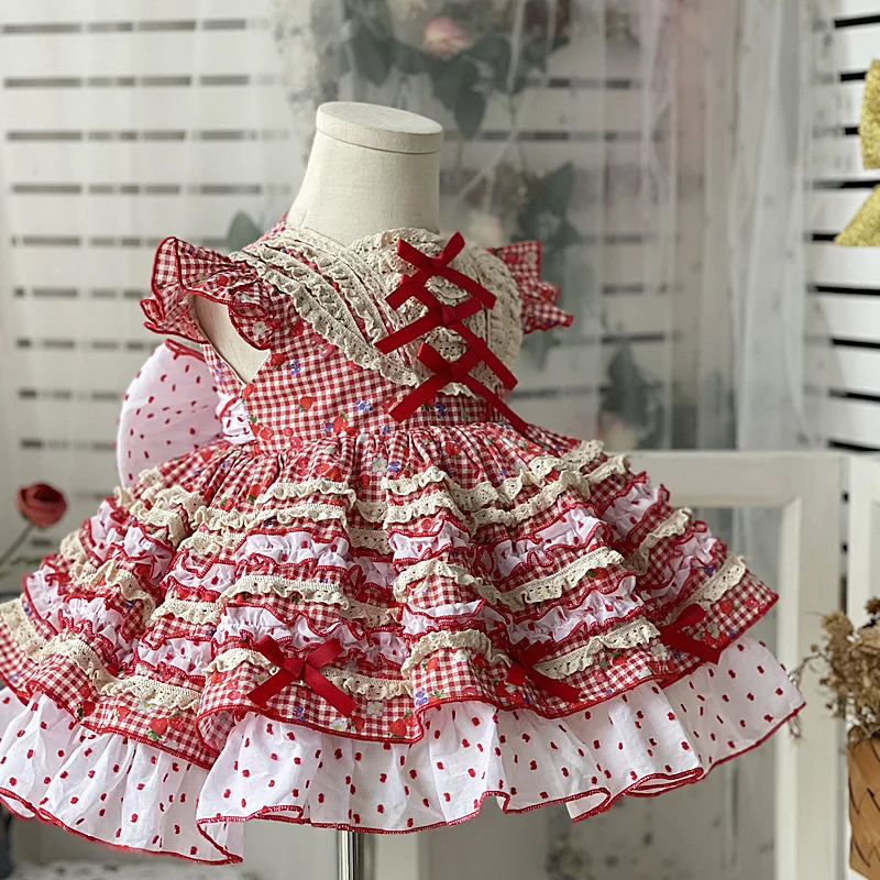 Baby girl summer plaid retro lolita dress kids bow cute lace stitching birthday party England Spanish layered princess dress