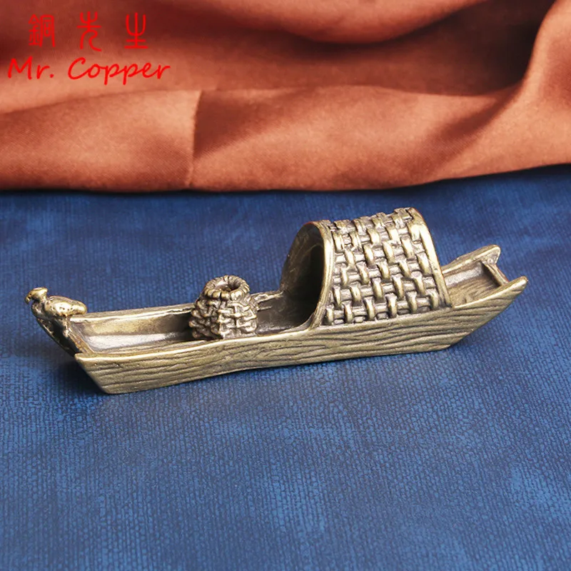 Vintage Copper Mini Boat Incense Burner Tea Pet Ornaments Brass Fishing Boat Bird Tea Ceremony Crafts Feng Shui Home Decorations