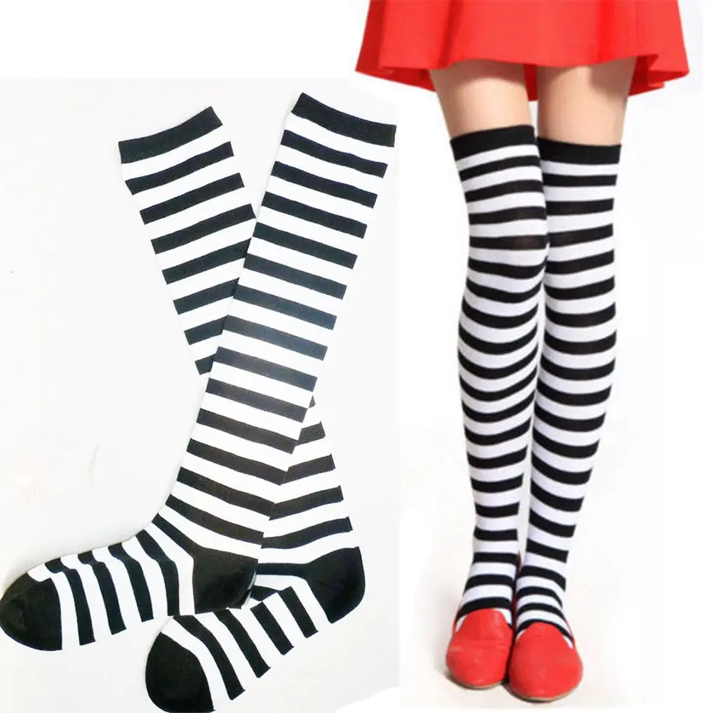 

1Pair Sexy Fashion Black White Striped for Women Ladies Autumn Winter Thigh High Over The Knee Socks Stockings Long Socks