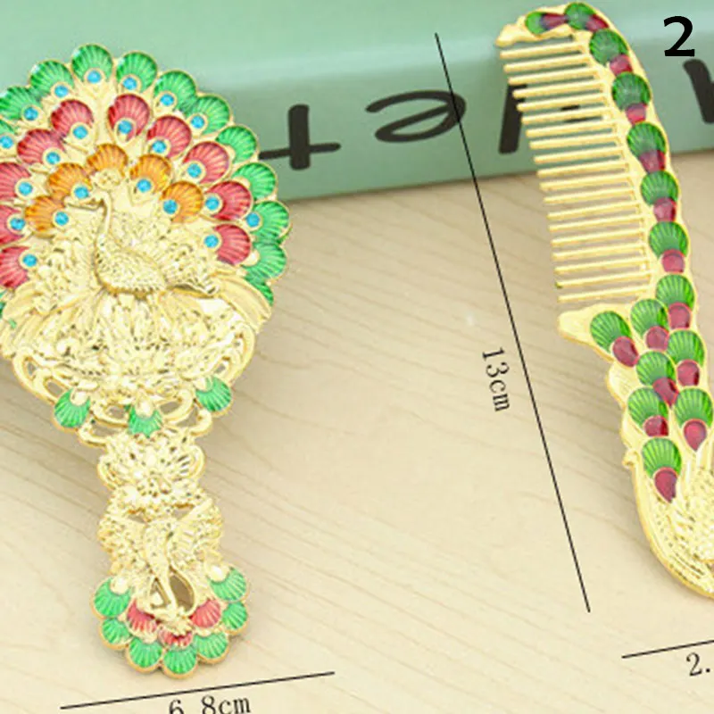 Newly Vintage Mirror Comb Set Makeup Vanity Desk Kit Mini Handheld Mirror Retro Peacock Pattern CLA88