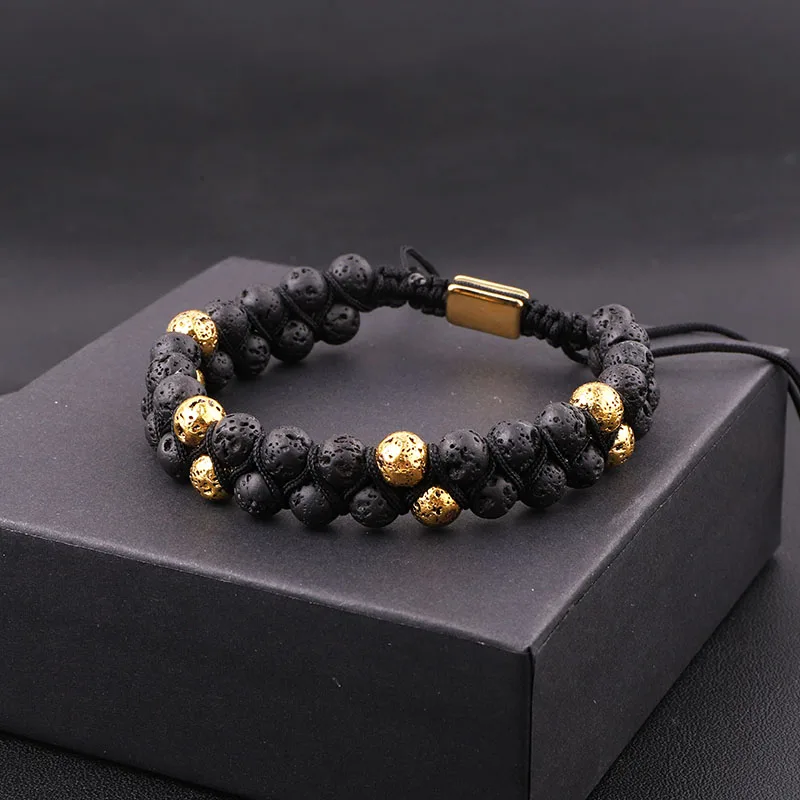 

New Fashion Vintage Gold Silver Plated Volcanic Lava Stone Double Layer Beads Braided Bracelet Men Women