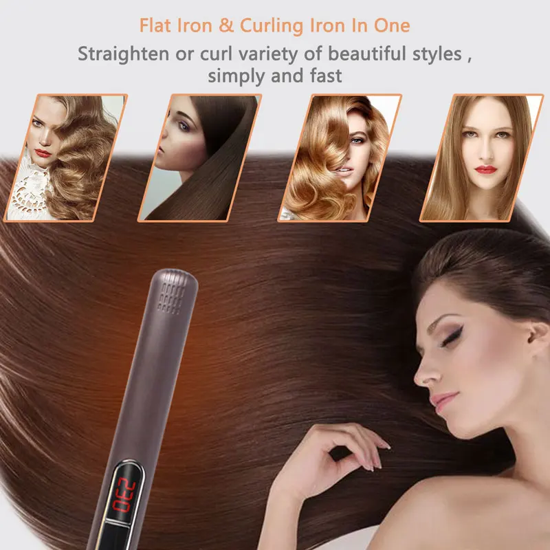 Tourmaline Ceramic Flat Iron 2 In 1 Hair Straightener Curler MCH Fast Heat-up 230℃ Salon Hair Styling Tools 210-240V LCD Display