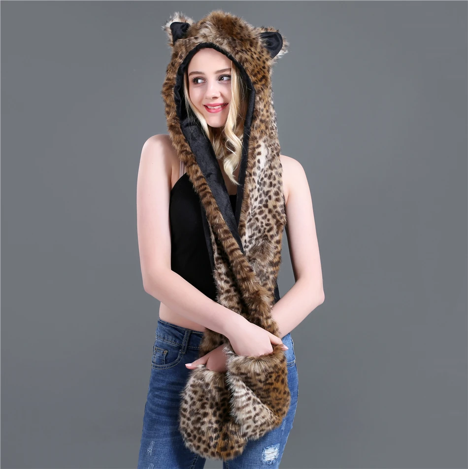 Women Winter Fashion Warm Leopard Cartoon Cap Scarf Faux Fur Hat Female Scarf gloves as one Animal Fur Cap Christmas Gift T01