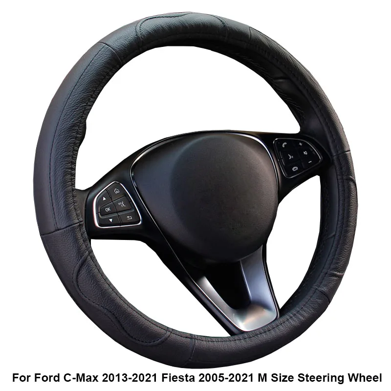 Cow True Leather Car Steering Wheel Cover For Ford C-Max 2013 - 2021 Fiesta 2005 - 2018 2019 2020 2021 M Size Steering Wheel