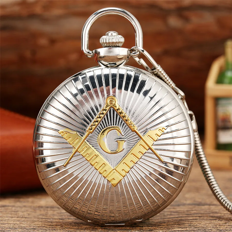 Silver Golden Masonic Symbol Logo Display Souvenir Quartz Pocket Watch Roman Numerals Round Dial Luxury Pendant Pocket Clock