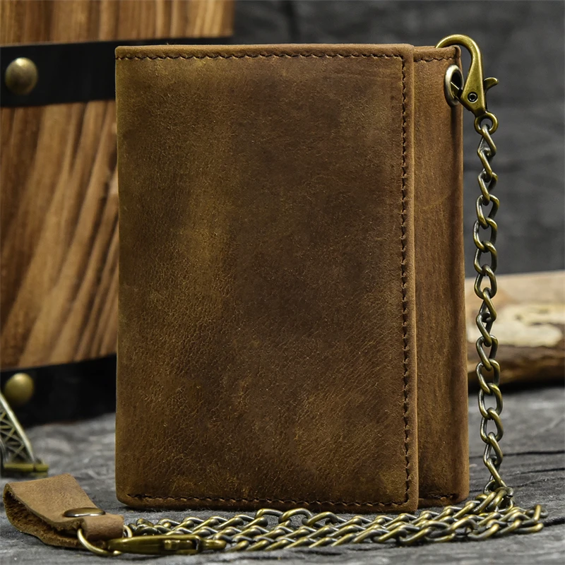 Luufan Men Genuine Leather Chain Wallet Crazy Horse Leather Zipper Clutch Wallet Male Trifold Short Purse Card Holder Key Bits