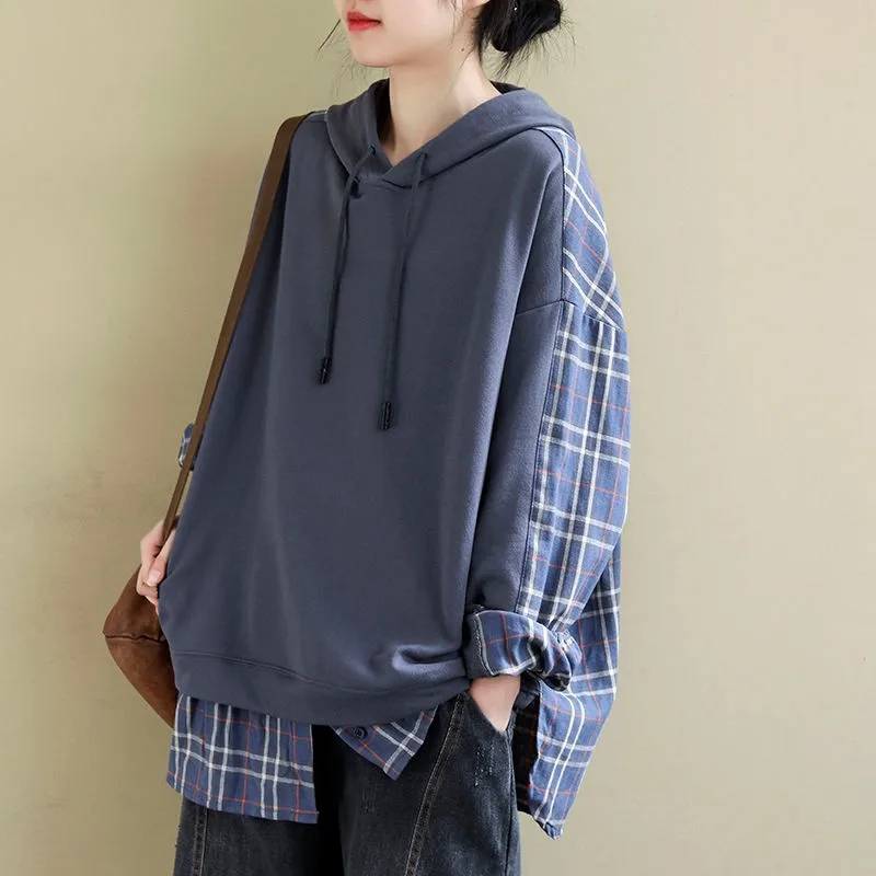 

Loose Oversized Hoodies Women Autumn Long Sleeve Casual Sweatshirt New Korean Style Plaid Patchwork Female Hooded Pullovers