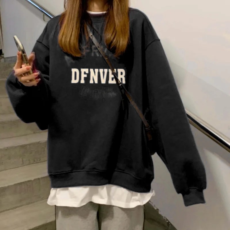 

Hoodie Women Loose Soft Oversize Letter Printed Harajuku O-neck for Womens Fake Two Pieces Korean Style High Street Sweatshirts