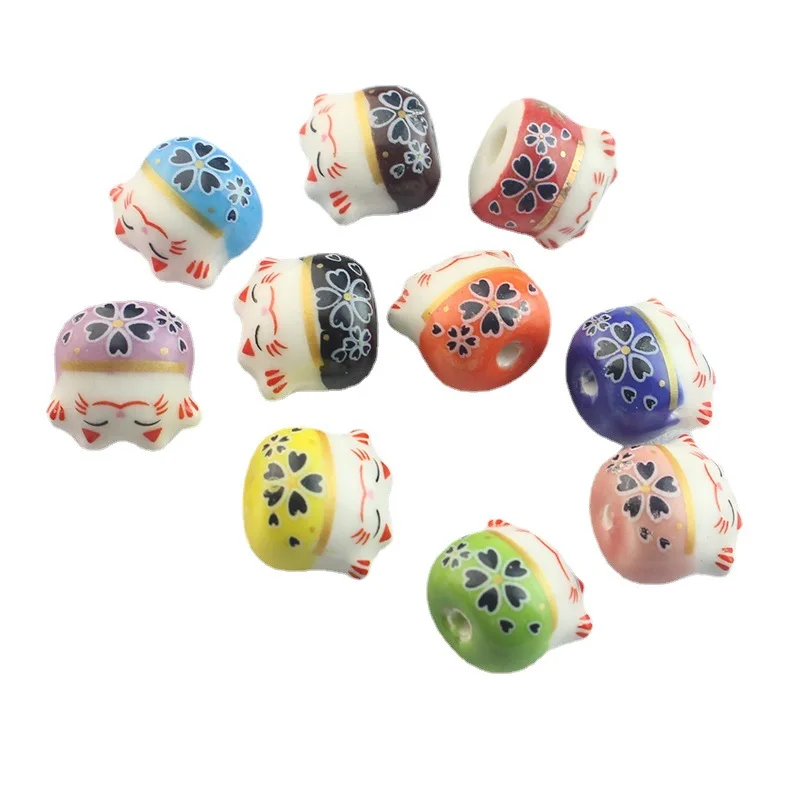 30pcs 13x14mm Hand Painted Lucky Cat Ceramic Beads Vertical Hole Loose Spacer Cute Animal Ceramics Bead For Jewelry Making DIY