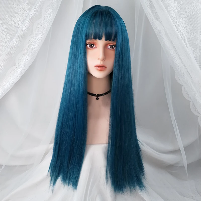 GAKA Natural Peruca Azul Longa Natural Cabelo Sintético com Franja Peruca para Mulheres Meninas Role Play Lolita Partido resistente ao calor Chapelaria