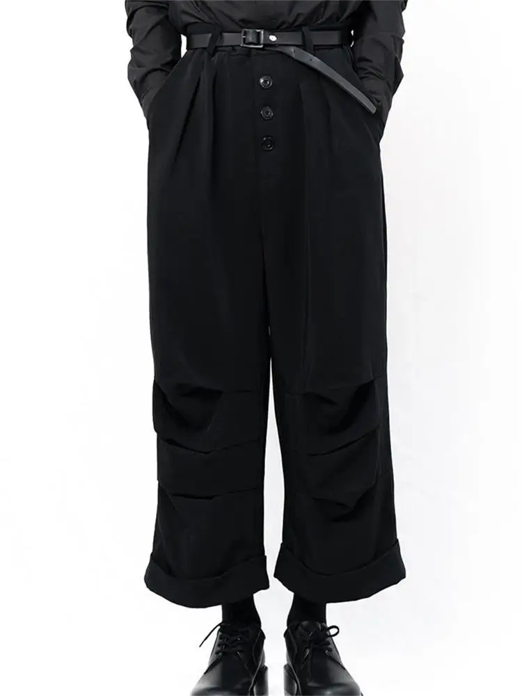Men's new large Yamamoto style casual wide-leg trousers culottes pleated irregular design dark pants button front trousers