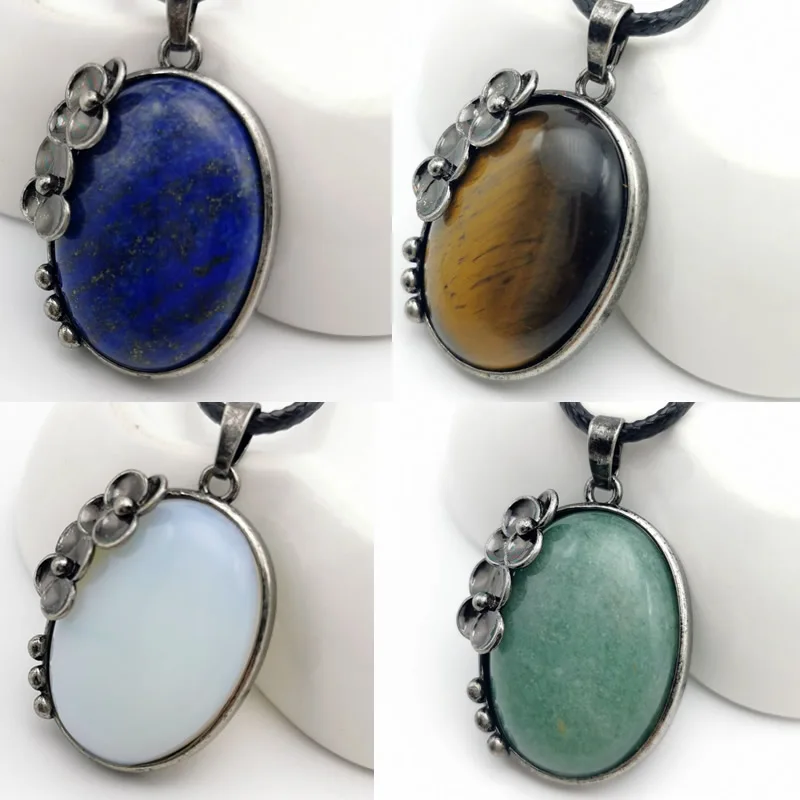 wholesale Vintage Egg Shaped Natural Stone Pendant Antique Silver Color Plated Pendants Necklaces Flower Charm Jewelry Women Men