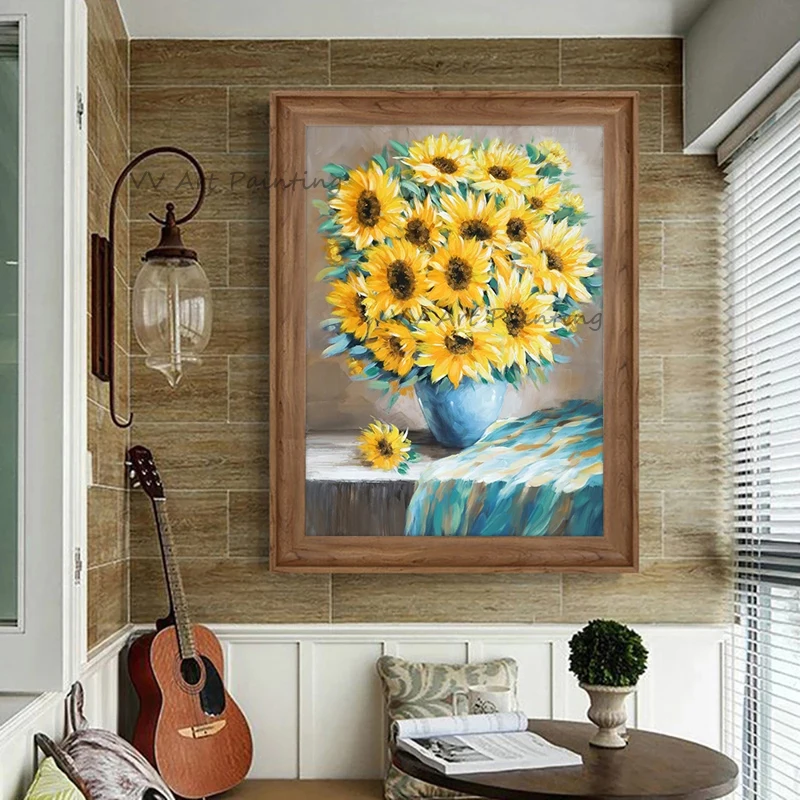 

The 100% Hand-painted Palette Knife Sunflowers Picture Abstract Thick Acrylic Still Life Oil Painting No Frame Wall Canvas Art