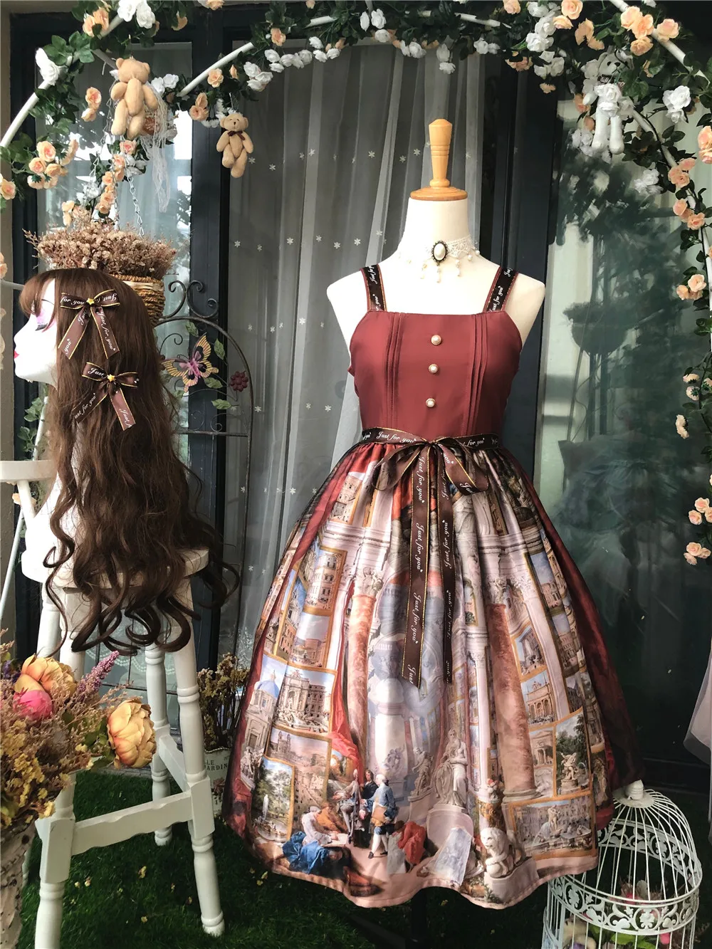 Robe princesse Lolita Vintage pour filles, tenue gothique, taille haute, imprimé nœud papillon, style falbala, kawaii